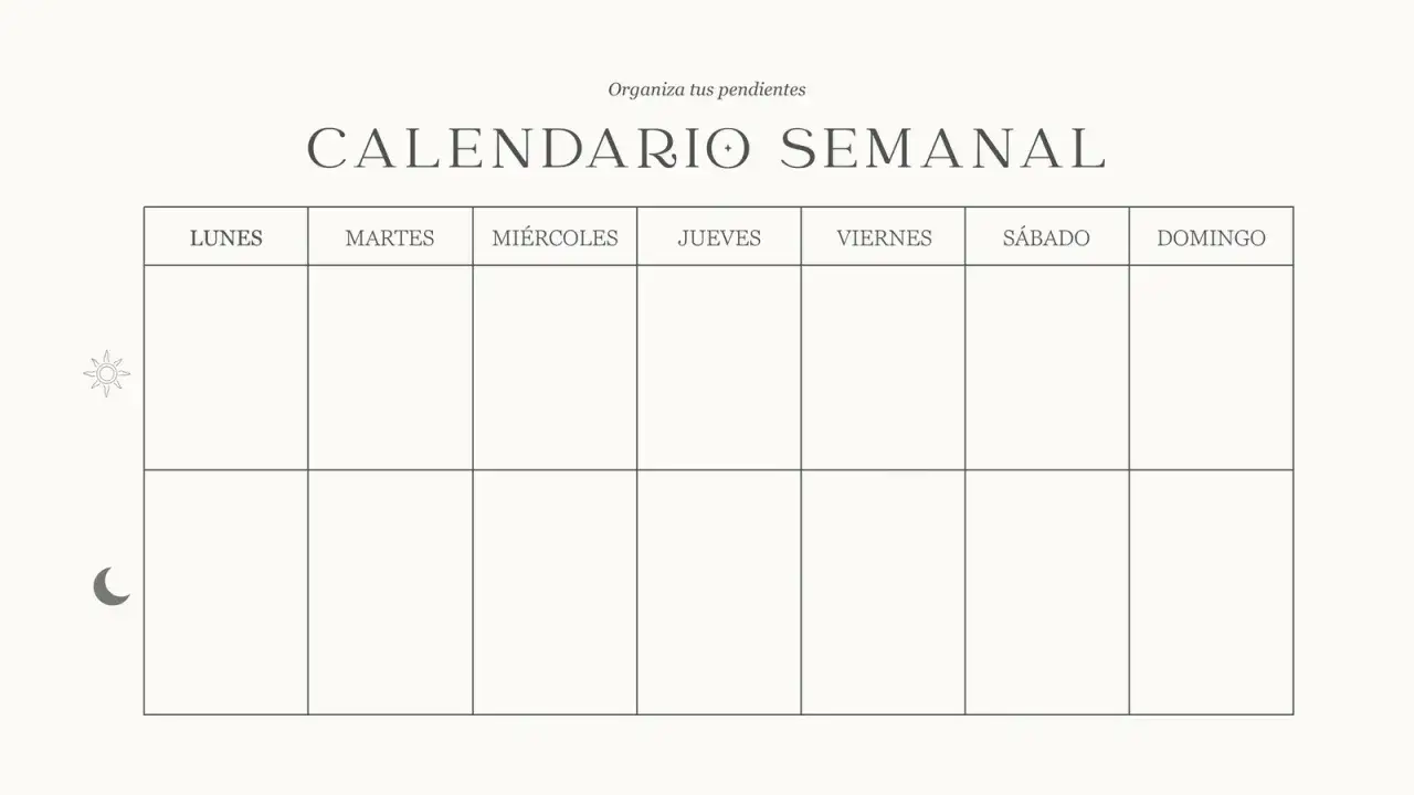Plantilla para hacer calendario semanal. Organiza tus pendientes con este diseño minimalista.