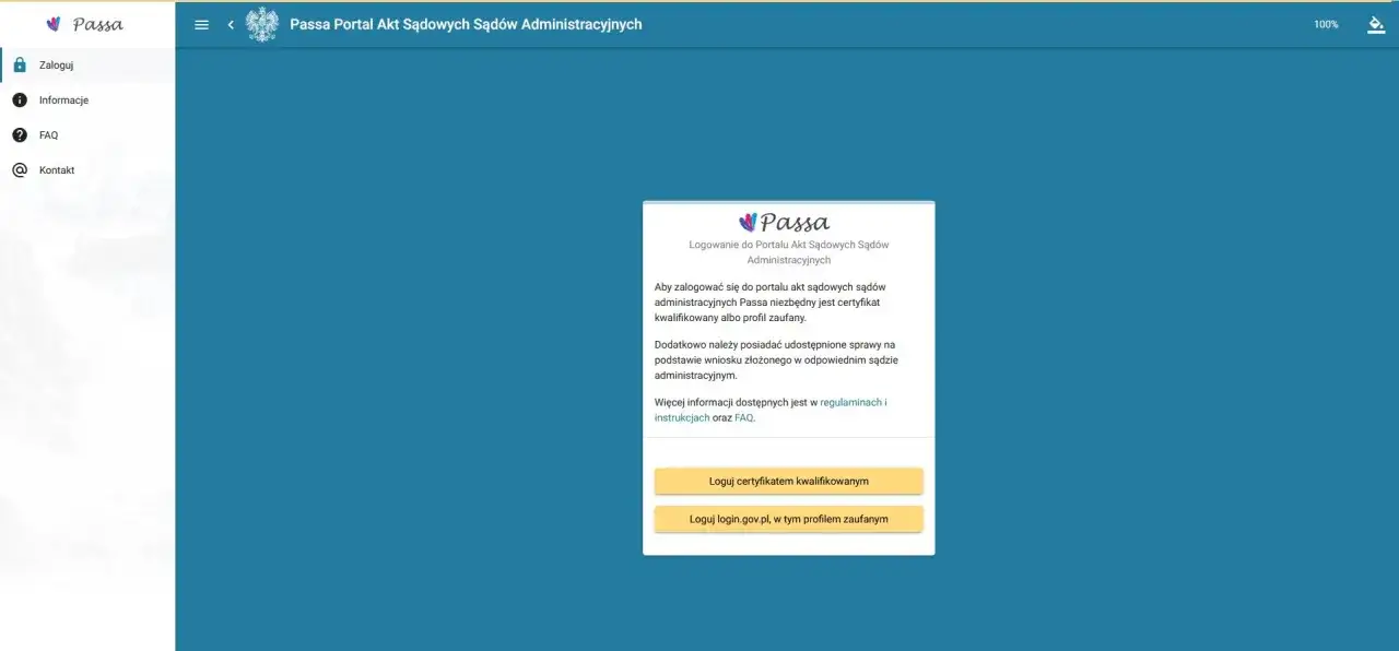 Strona logowania do portalu Passa. Aby uzyskać dostęp do akt sądowych, potrzebny jest certyfikat kwalifikowany lub profil zaufany, zgodnie z art. 73 KPA.