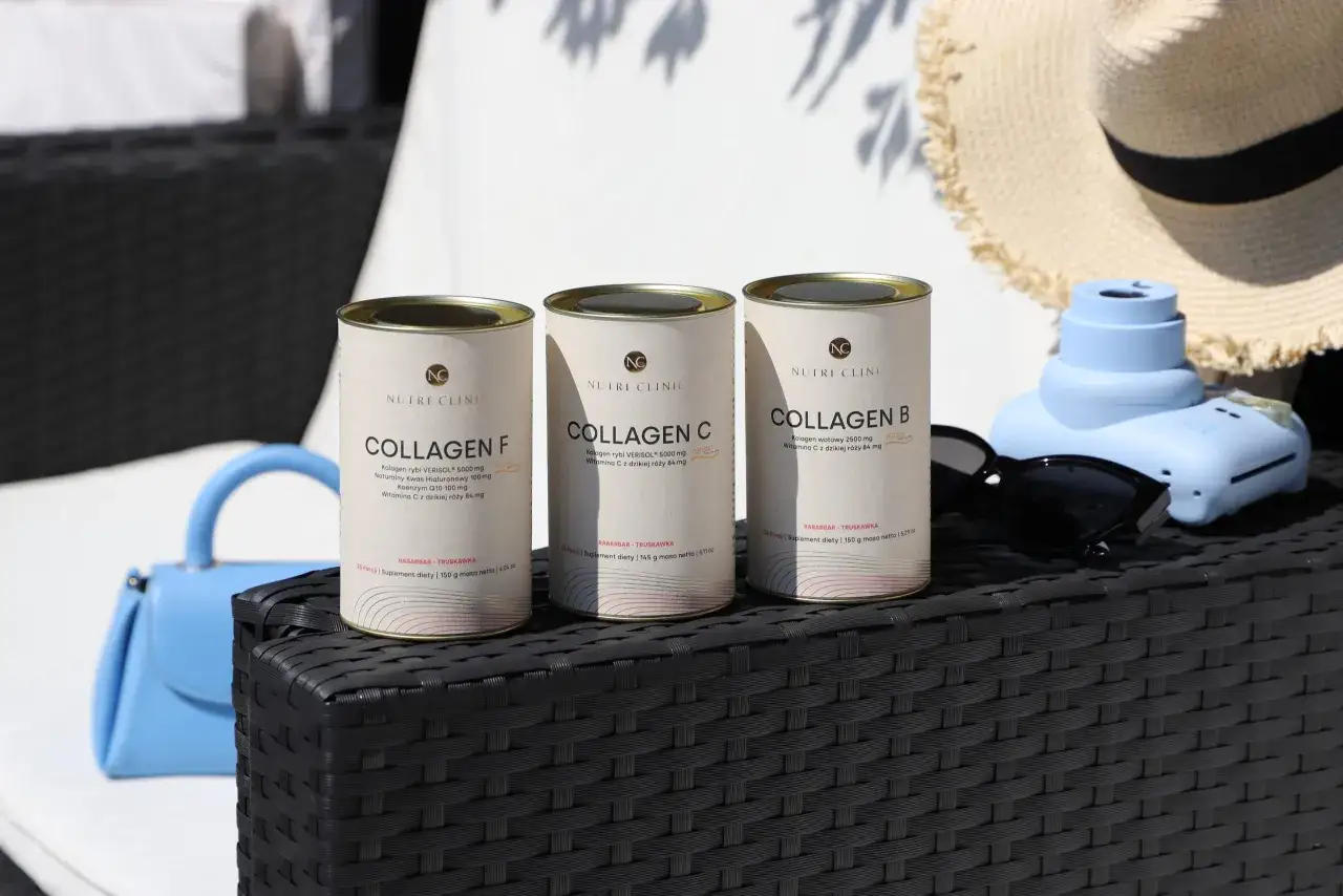 Trzy puszki kolagenu w proszku Nutri Clinic: Collagen F, C i B. Idealny wybór na letnie dni, by zadbać o skórę.