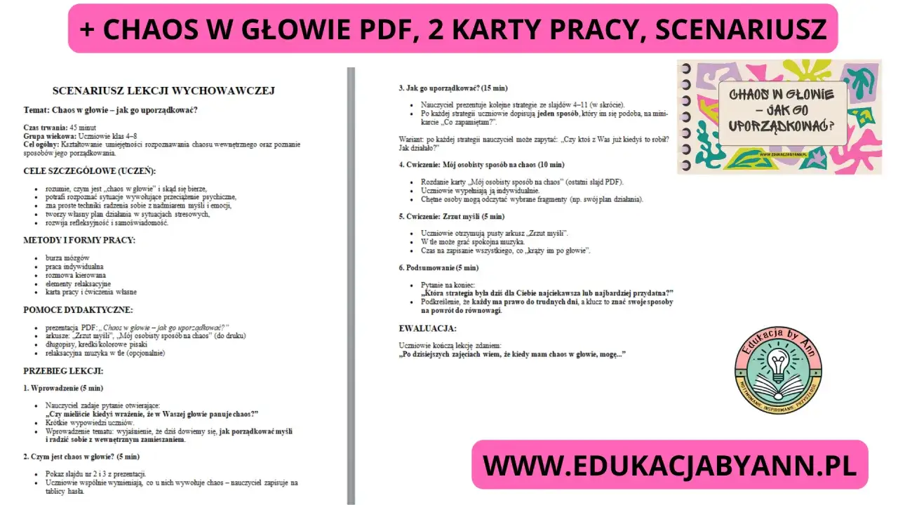 Scenariusz lekcji wychowawczej o uporządkowaniu chaosu w głowie, idealny do nauczania domowego.