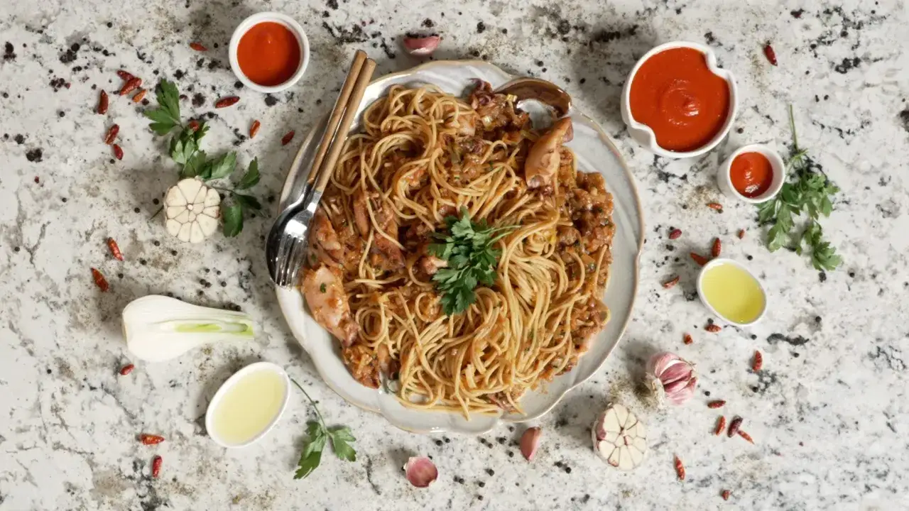 Un plato de espaguetis con calamares, servido con salsa de tomate, aceite de oliva, ajo y guindillas.