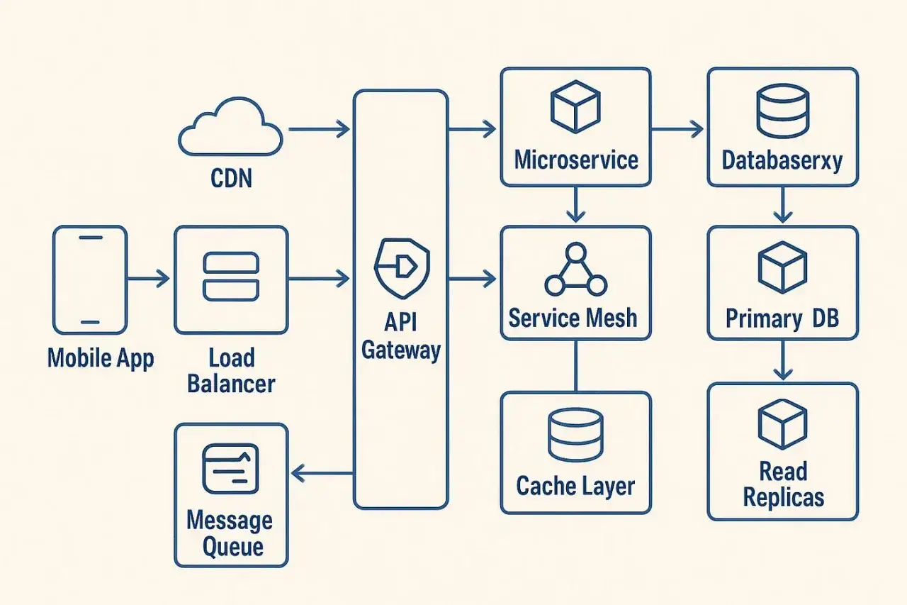 Schemat przedstawia złożony **stos technologiczny**: od aplikacji mobilnej, przez load balancer, API Gateway, microserwisy, aż po bazy danych i cache.
