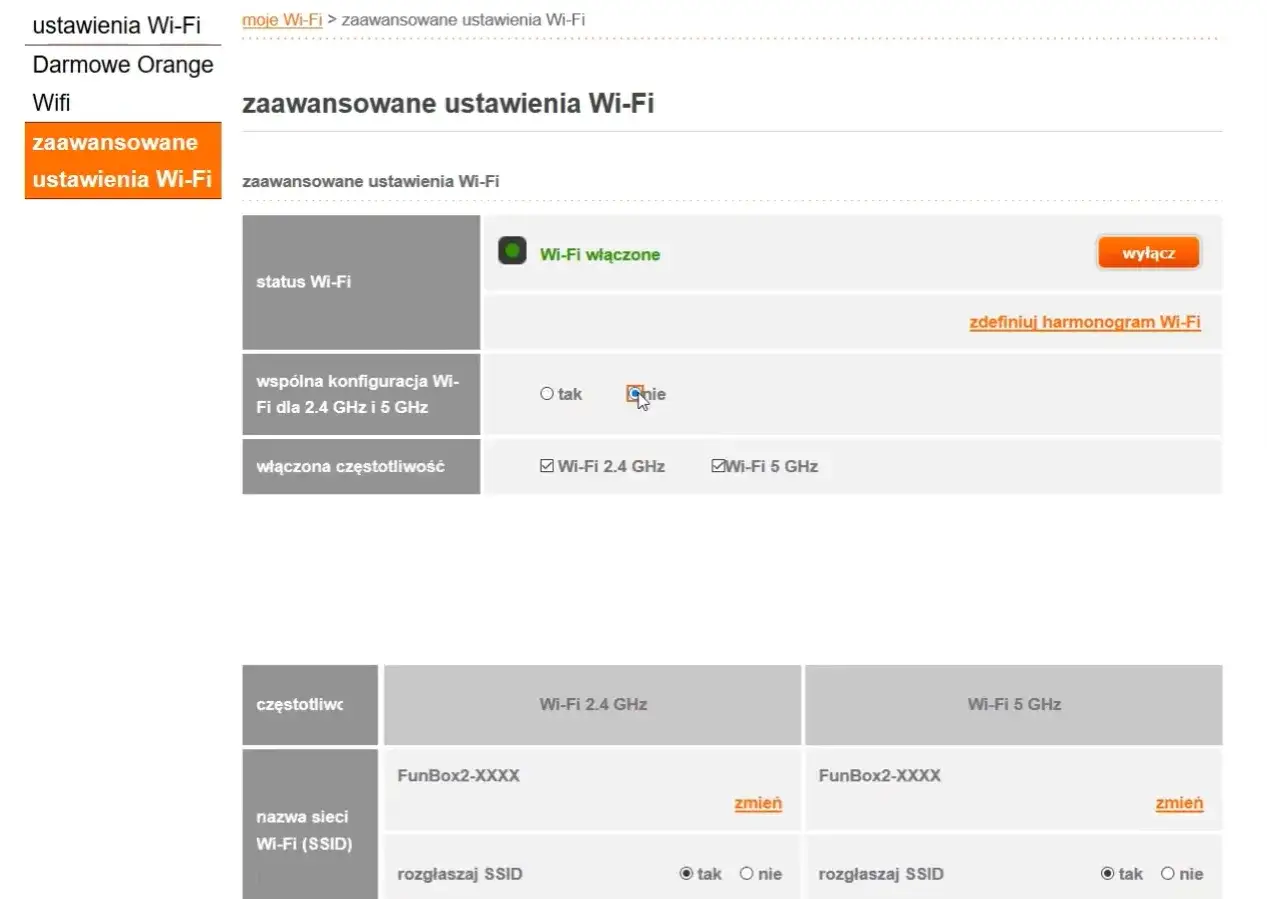 Ekran ustawień zaawansowanych Wi-Fi Orange. Można tu zmienić nazwę sieci Wi-Fi, np. jak zmienić nazwę sieci wifi orange.