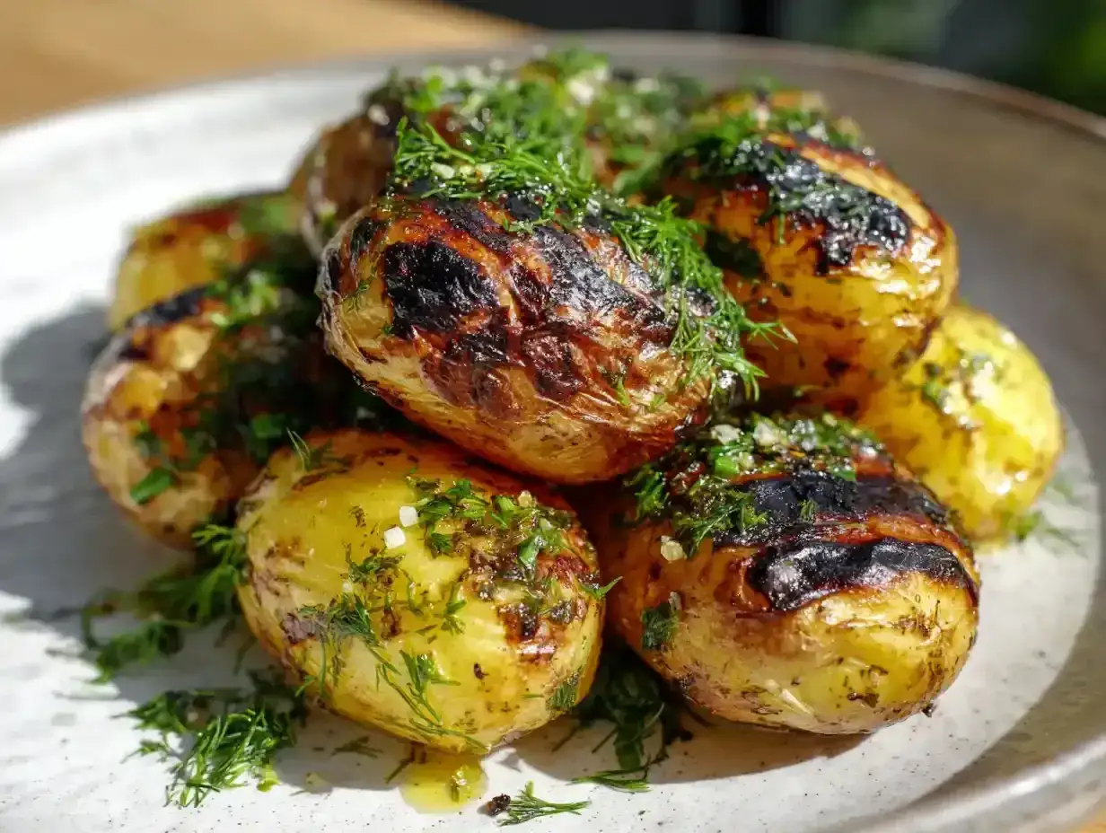 En h&ouml;g med gyllene, grillade sm&aring;potatisar, toppade med f&auml;rsk dill och en hint av vitl&ouml;k. Perfekt stekt potatis som doftar sommar.