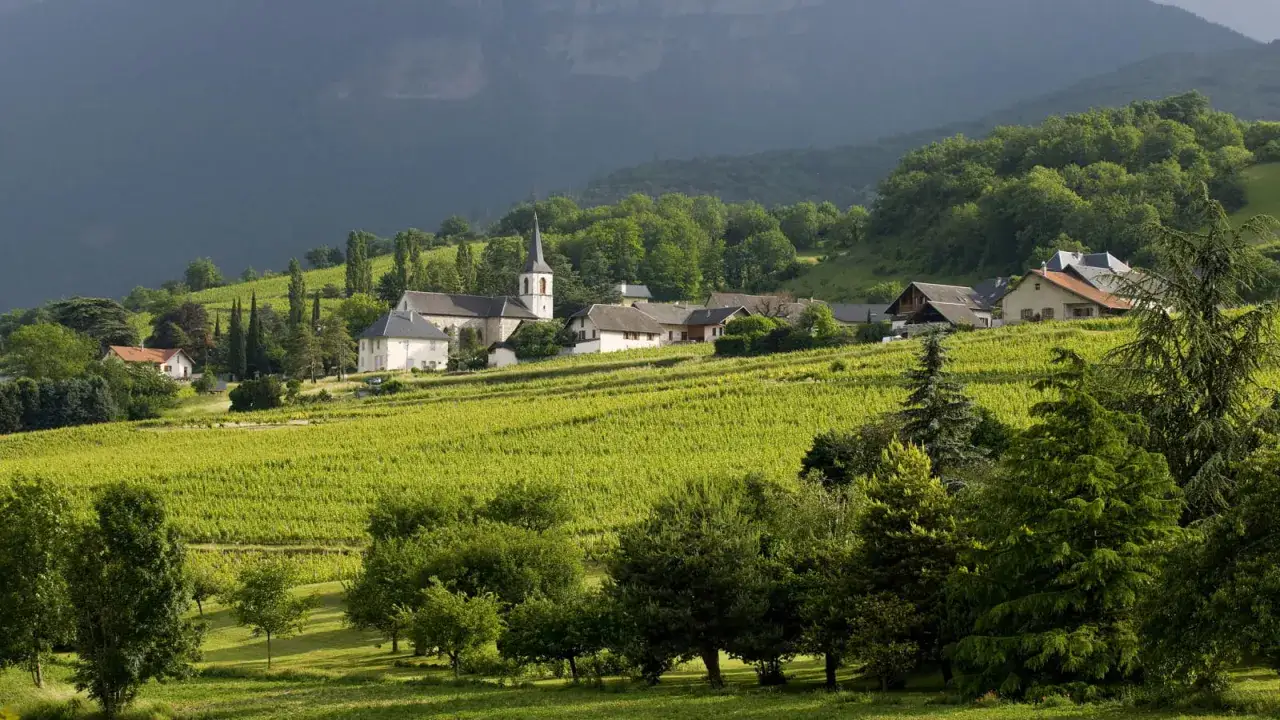 Village pittoresque avec une église et des vignobles verdoyants, sous un ciel menaçant. Le code GR 965 identifie ce paysage paisible.