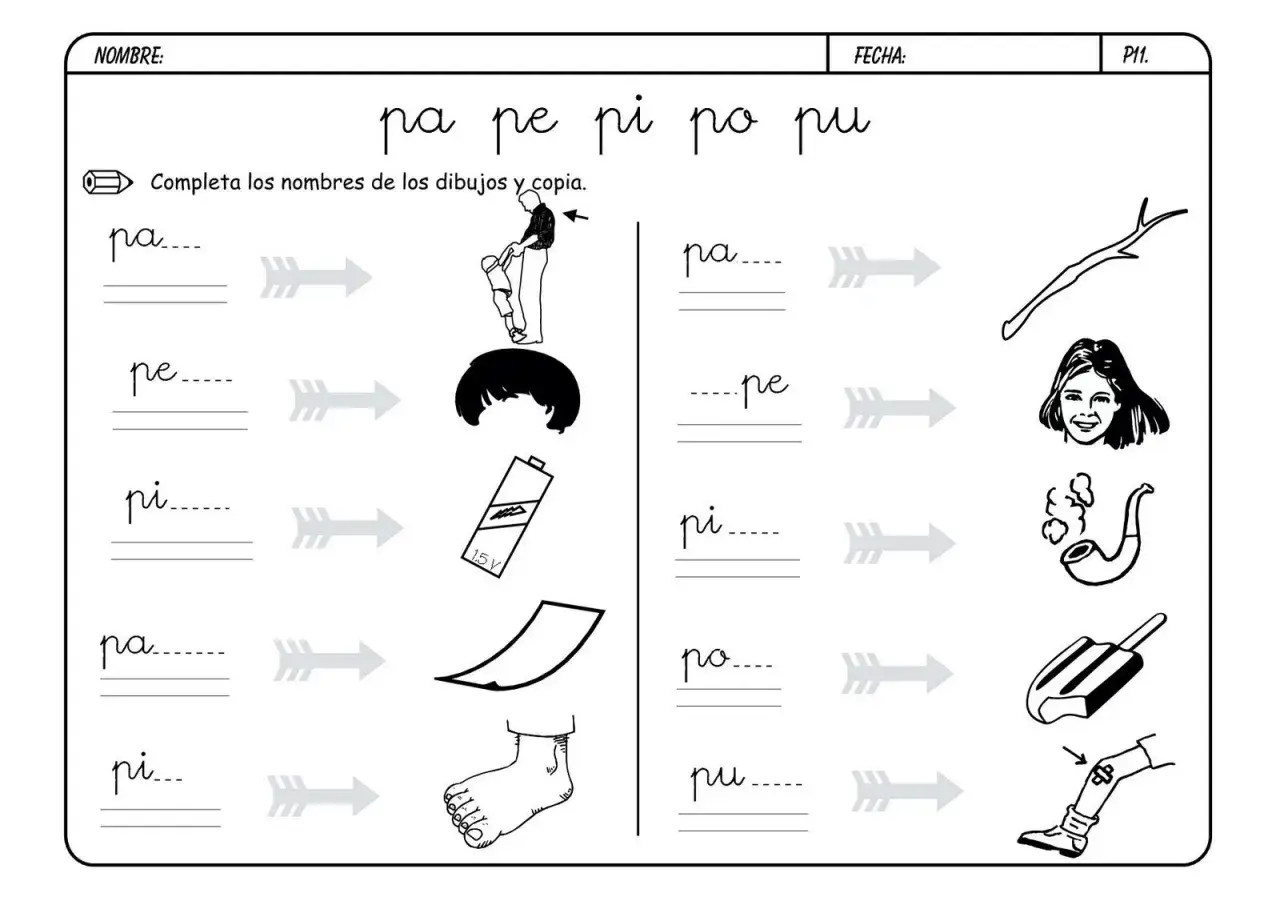Hoja de trabajo para practicar palabras con la p: pa, pe, pi, po, pu. Incluye dibujos de un palo, una ni&ntilde;a, una pipa, una pala y una pierna.