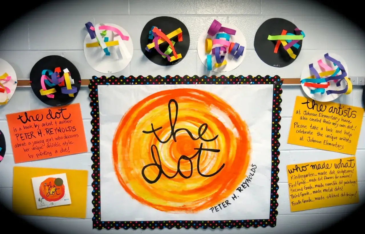 Kiedy dzień kropki, dzieci z Johnson Elementary tworzą własne kropki. Wystawa prac i inspiracji.