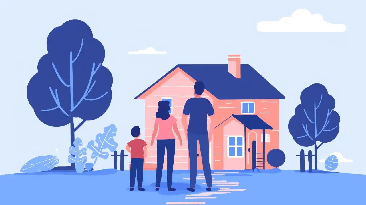 Famiglia davanti a una casa, sognando come ottenere un mutuo facilmente per realizzare il loro nido.