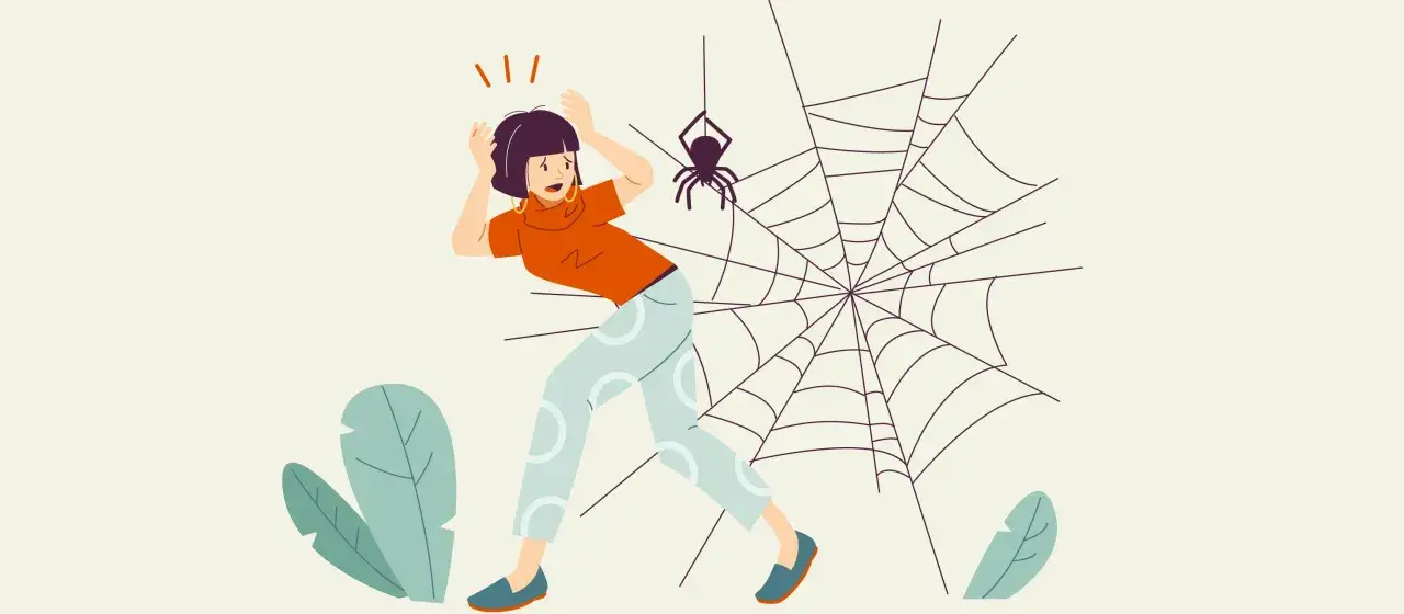 Przerażona kobieta w panice ucieka przed pająkiem i pajęczyną. To ilustracja pokazująca fobie, jak arachnofobia.