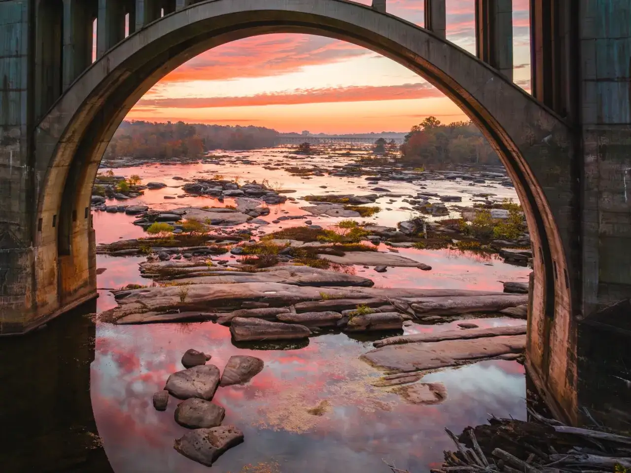 Sunrise over the James River, a beautiful scene for fun things to do in Richmond, VA.