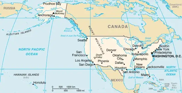 Mapa USA z zaznaczoną Kalifornią i Los Angeles
