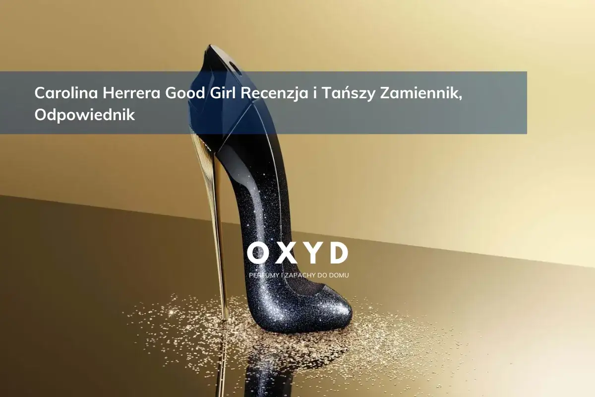 Elegancka, czarna szpilka Carolina Herrera Good Girl, obsypana brokatem, na złotym tle.