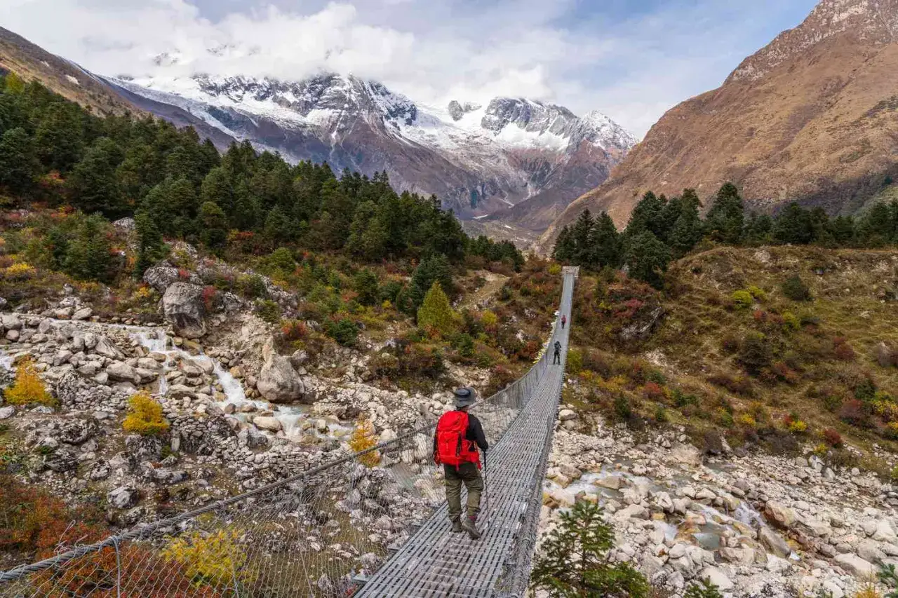 Turyści na wiszącym moście podczas Manaslu Circuit Trek. W tle ośnieżone szczyty i jesienna dolina.