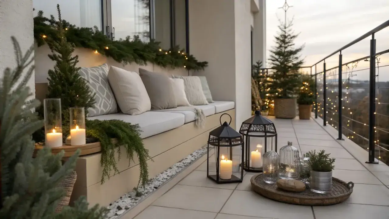 Przytulny zimowy balkon ozdobiony choinkami, girlandami i świecami.