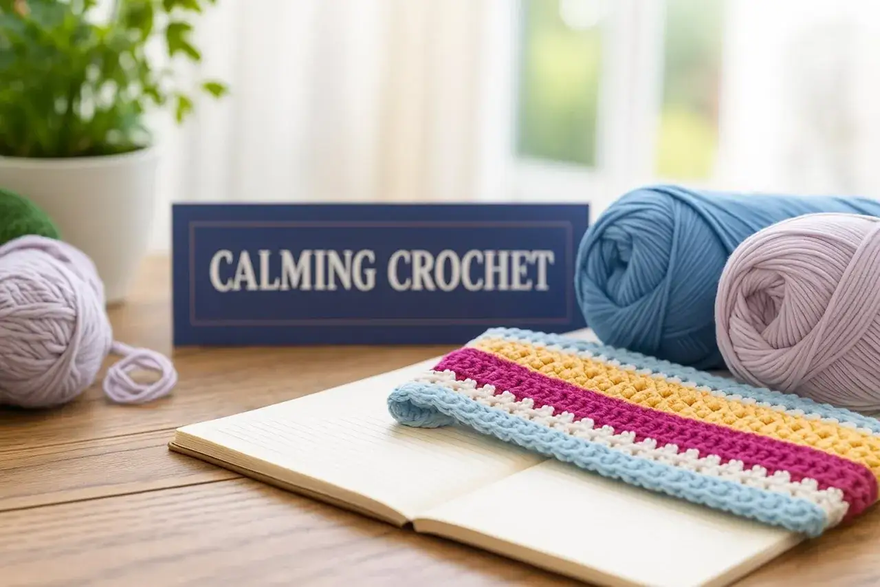 Uncinetto terapia: gomitoli colorati, un lavoro a maglia a righe e un quaderno aperto invitano alla creatività rilassante.