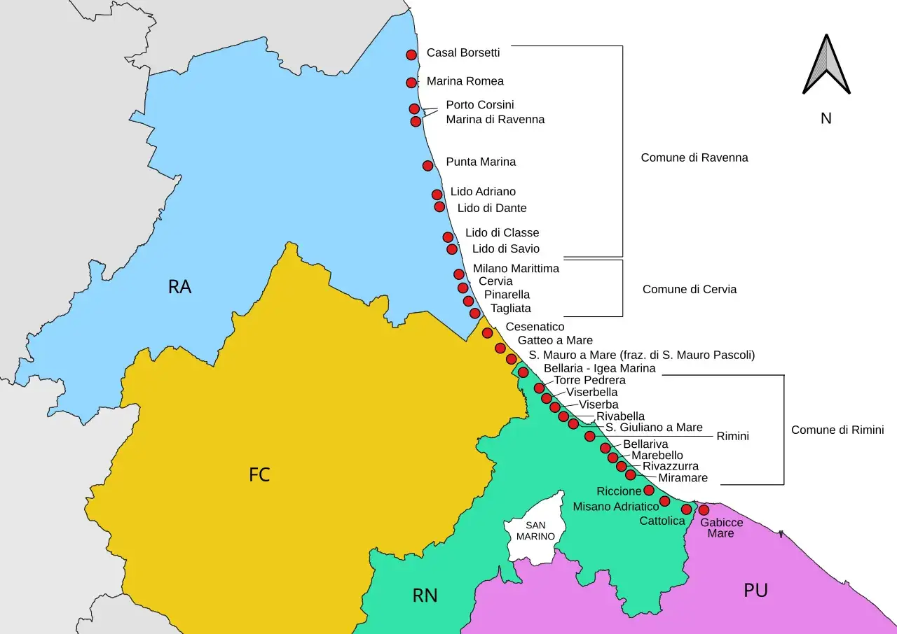 Mappa della riviera romagnola con le località balneari lungo il mare Adriatico, da Casal Borsetti a Gabicce Mare.