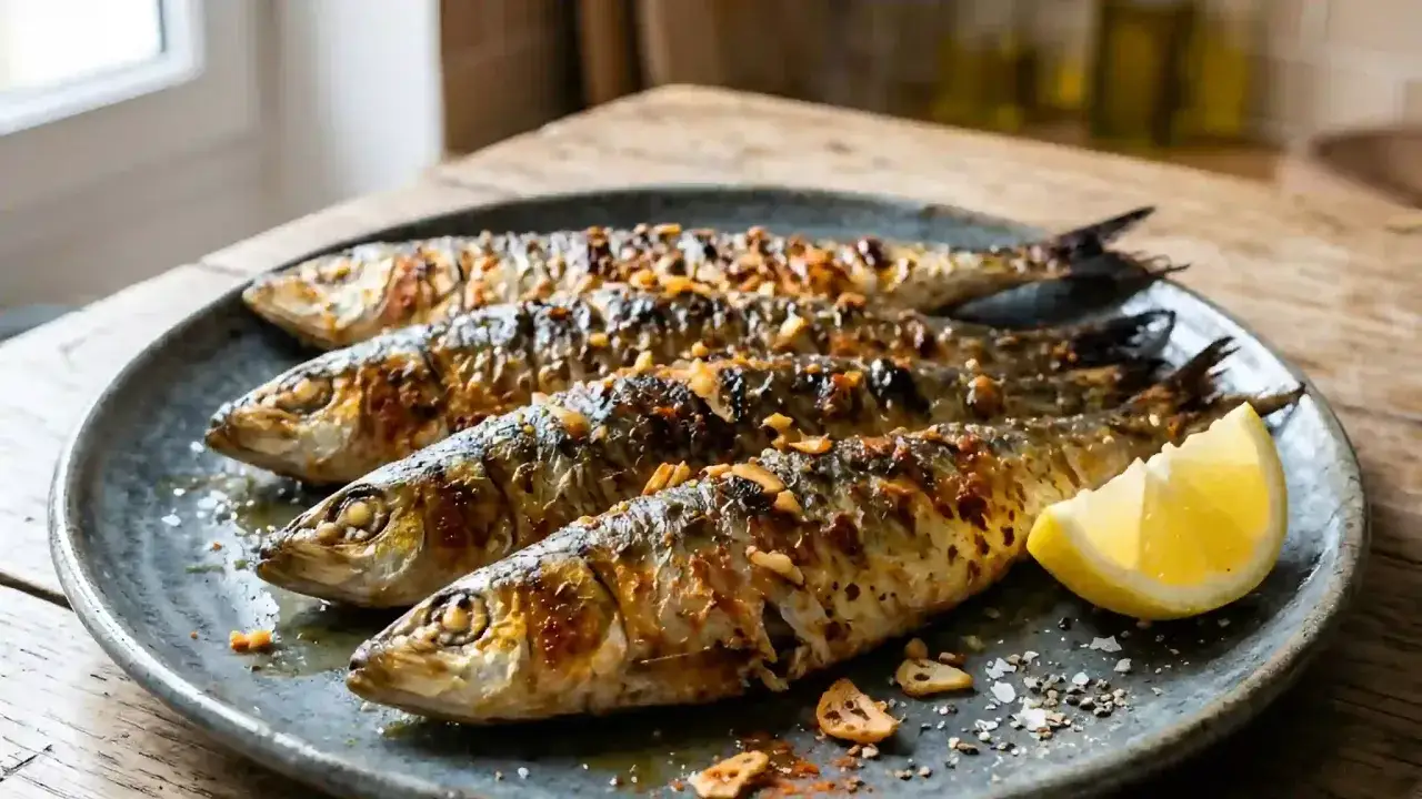 Quatre sardines grillées sur une assiette, avec un quartier de citron. Une belle portion, on se demande combien de sardines par personne pour un repas complet.
