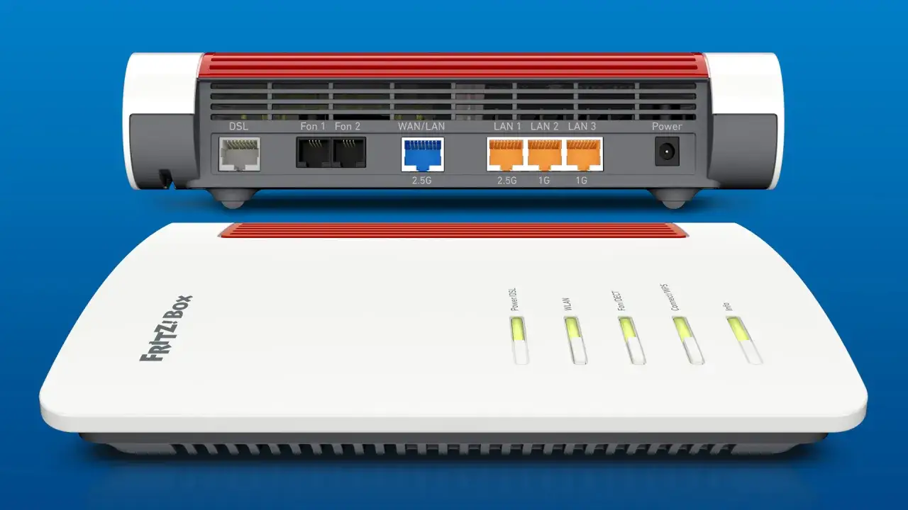 AVM FRITZ!Box 7690 Router mit vielen Anschlüssen: DSL, LAN, WAN, Fon und Power. LEDs zeigen den Status an.