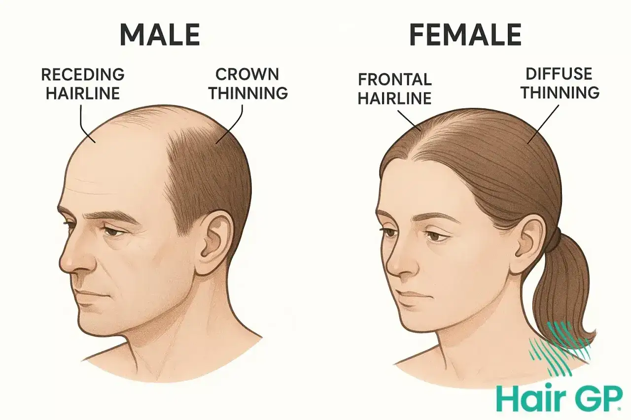Illustration comparant la calvitie masculine (recul de la ligne frontale, &eacute;claircissement du sommet) et f&eacute;minine (ligne frontale, &eacute;claircissement diffus).