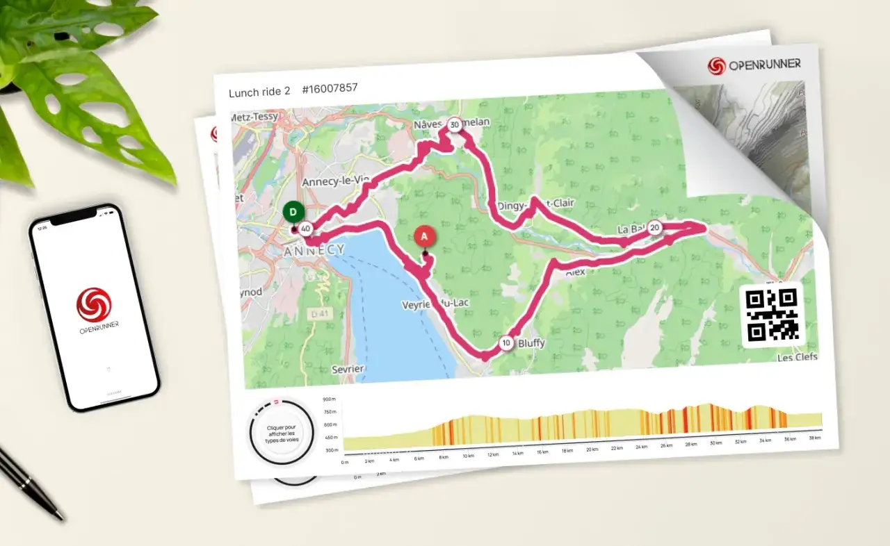 Mapa de ruta ciclista con perfil de elevaci&oacute;n que muestra un gran desnivel positivo.