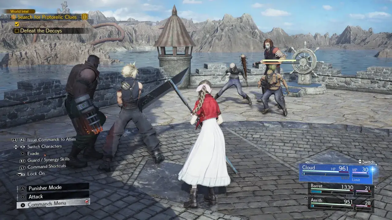 Combate contra enemigos en FF7 Rebirth. Guía para derrotar a Butch y sus secuaces.
