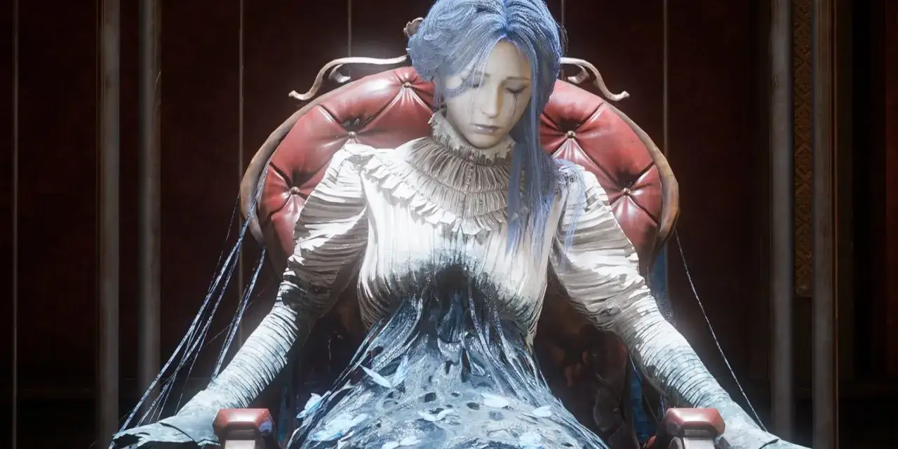 Sophia de Lies of P, con cabello azul y vestido blanco, sentada en un sillón rojo, con lágrimas cayendo.