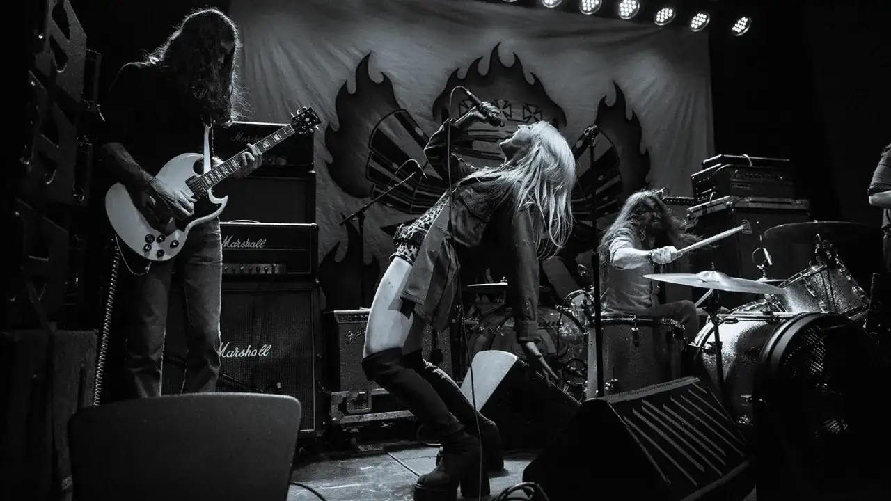 Eine Band mit langen Haaren spielt energiegeladenen Stoner Rock. Die Sängerin beugt sich über das Mikrofon, während der Gitarrist und Schlagzeuger im Hintergrund alles geben.