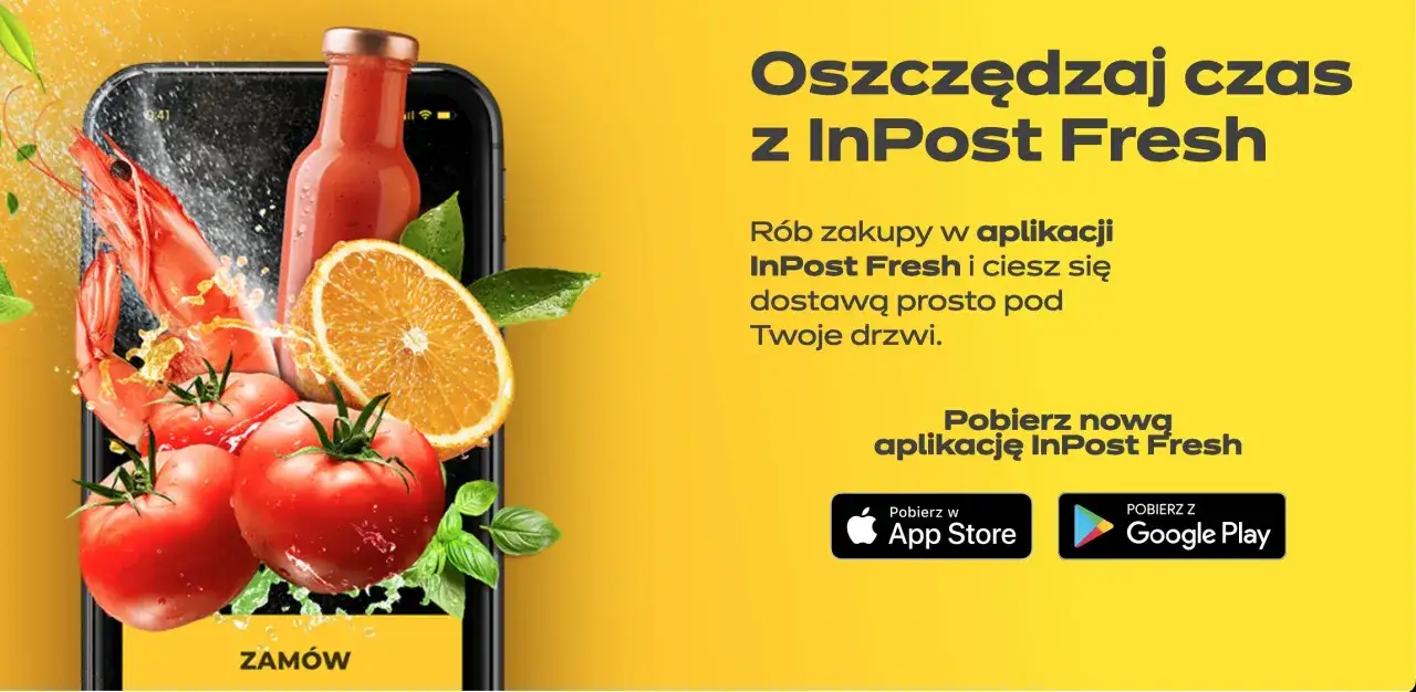 Aplikacja InPost Fresh to Twój sposób na szybkie zakupy świeżych produktów z dostawą do domu. Zobaczysz tu krewetki, pomidory i pomarańcze.