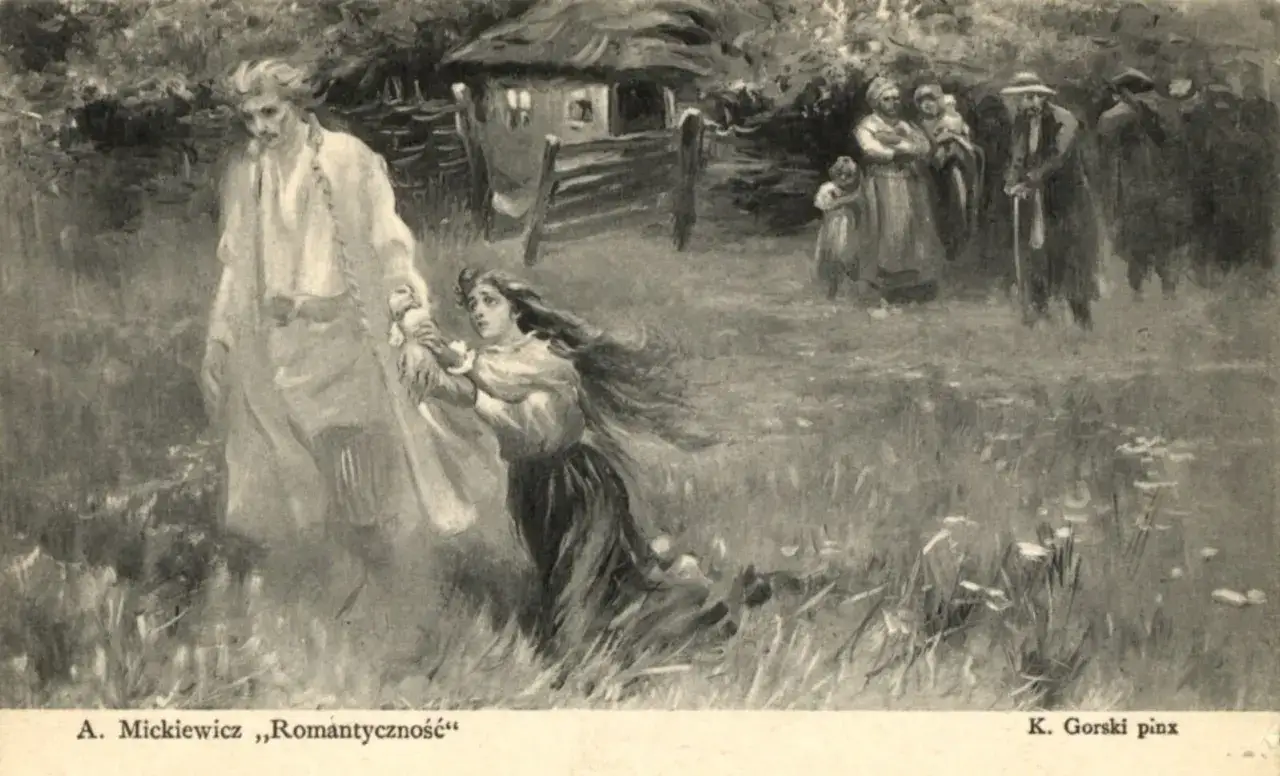 Dziewczyna błaga widmową postać, by oddała dziecko. W tle chata i wieśniacy. Obraz oddaje cechy ballady: tajemniczość, ludowość, dramat.