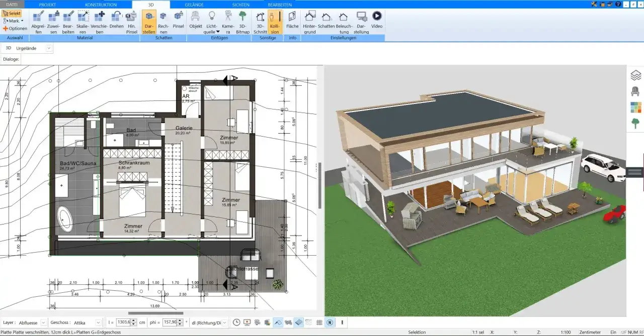 Grundriss und 3D-Ansicht eines modernen Hauses, das die Prinzipien eines Niedrigenergiehaus Definition erf&uuml;llt.