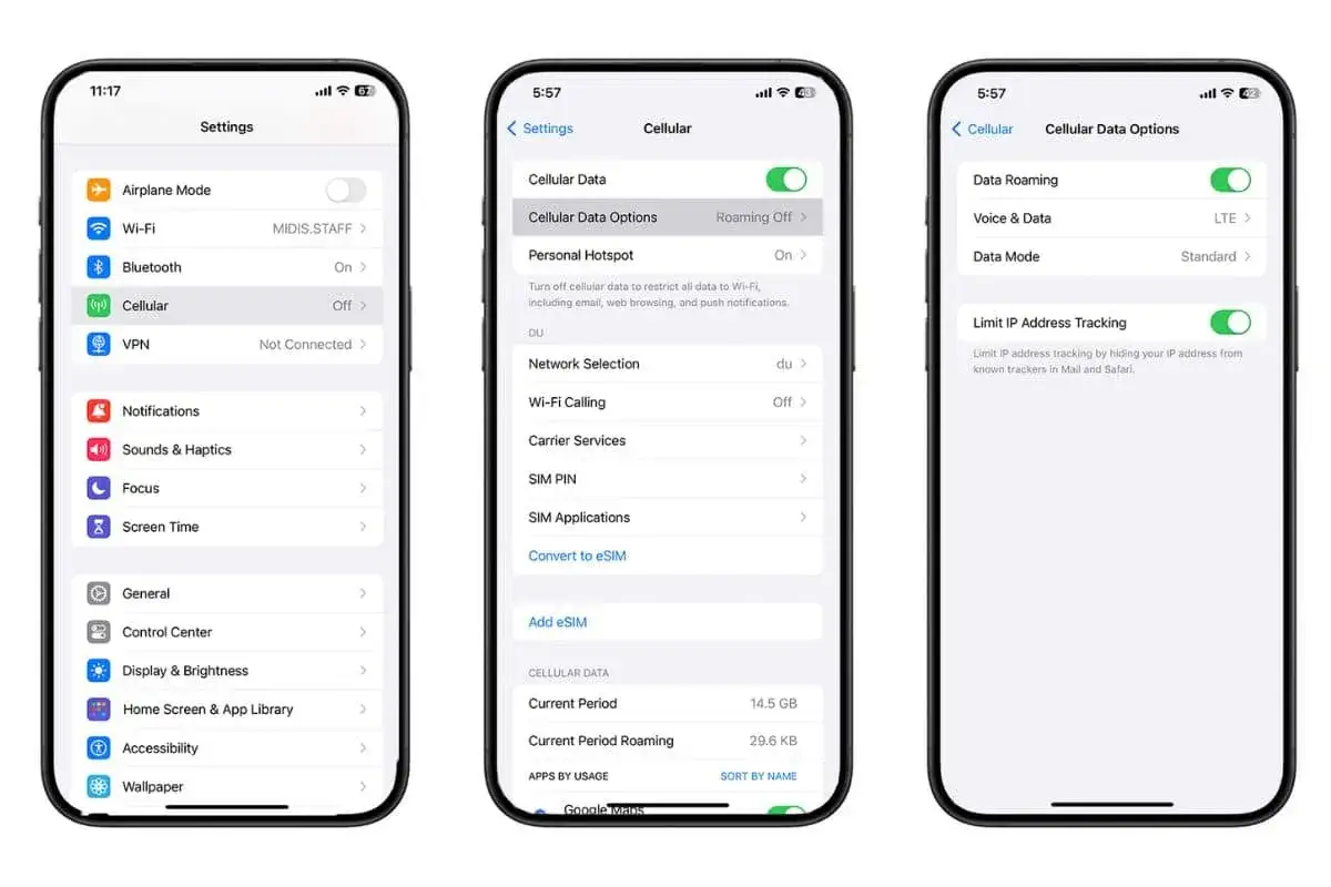 iPhone-Einstellungen zeigen Roaming-Optionen f&uuml;r Spanien. Datenroaming ist aktiviert, um unterwegs verbunden zu bleiben.