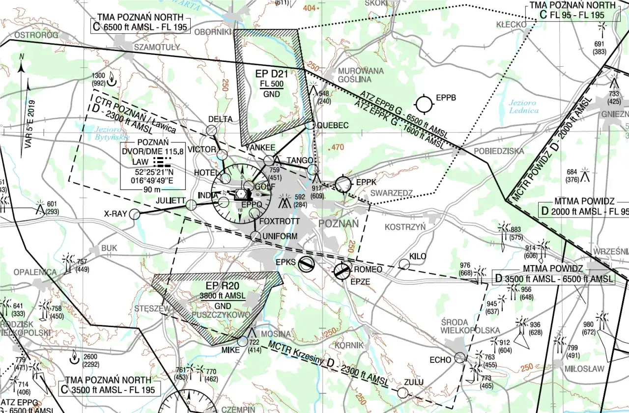 Loty z Poznania: mapa lotnicza z zaznaczonymi strefami, lotniskami (EPPQ, EPPK, EPPB, EPKS) i punktami nawigacyjnymi.