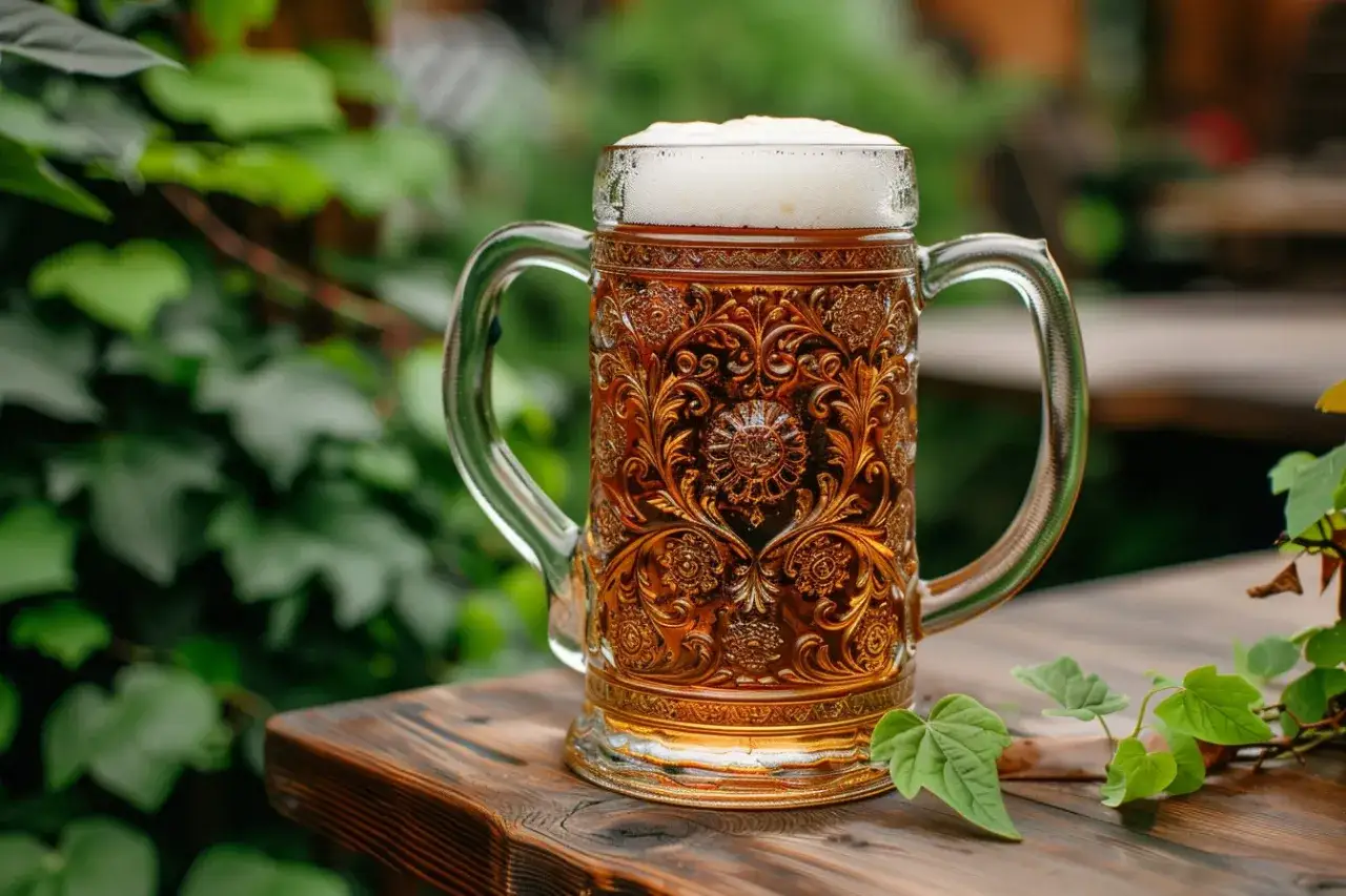 Un grand verre &agrave; bi&egrave;re orn&eacute;, rempli d'une bi&egrave;re ambr&eacute;e mousseuse, sur une table en bois. La sc&egrave;ne &eacute;voque la d&eacute;gustation de la meilleur bi&egrave;re allemande.