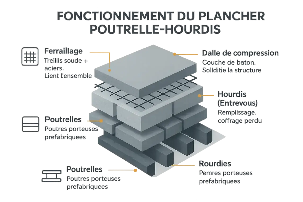 Coupe d'un plancher poutrelle-hourdis pour une maison, montrant les poutrelles, les hourdis, le ferraillage et la dalle de compression.