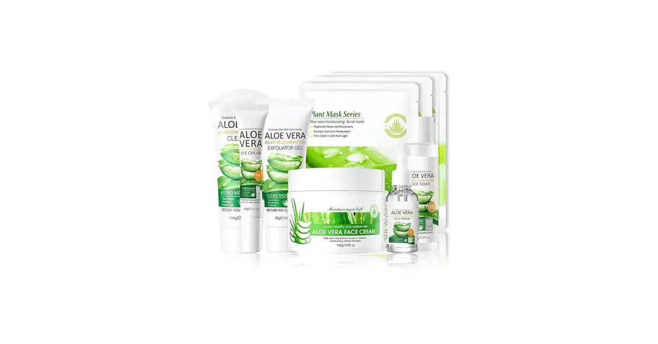 Linea di prodotti per la cura della pelle all'aloe vera, inclusi crema viso, siero, tonico, maschere e contorno occhi, per un trattamento completo. Ideale per lasciare l'aloe vera sul viso tutta la notte.