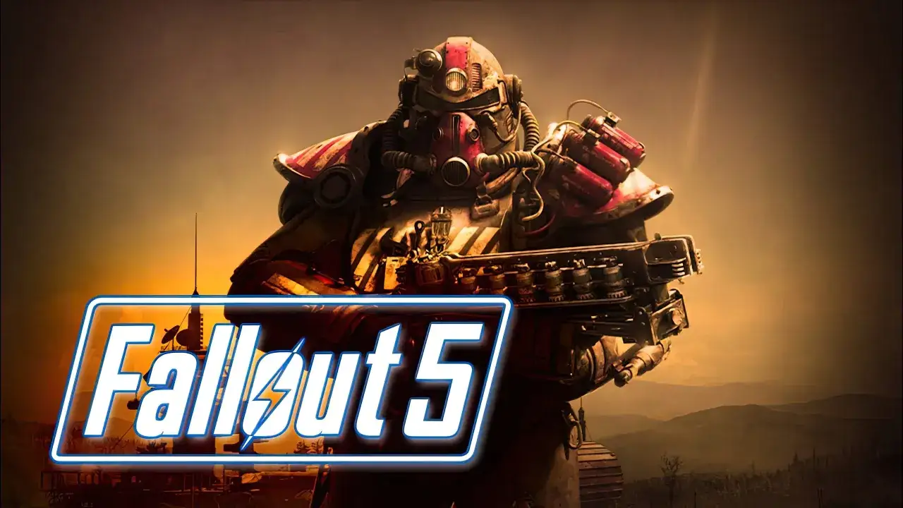 Postapokaliptyczny wojownik w pancerzu z bronią, logo Fallout 5. Kiedy wreszcie zagramy w Fallout 5?