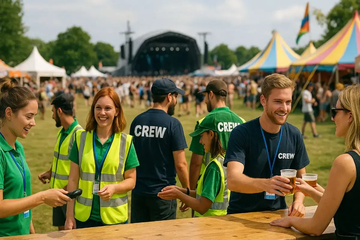 Smiling crew members work summer fest jobs, serving drinks and checking tickets at a lively outdoor event with a stage and tents in the background.