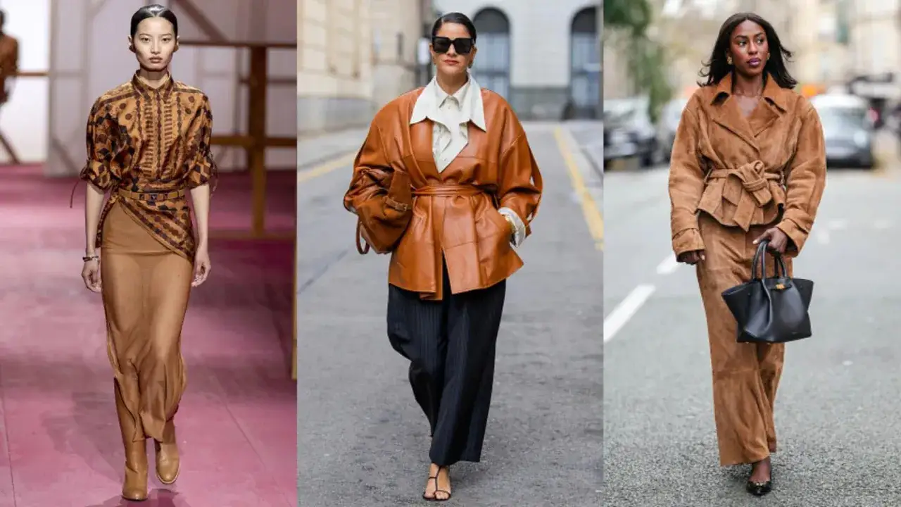 Tres looks de moda en tonos tierra, con chaquetas llamativas y faldas o pantalones fluidos, un ejemplo de maximalismo elegante.