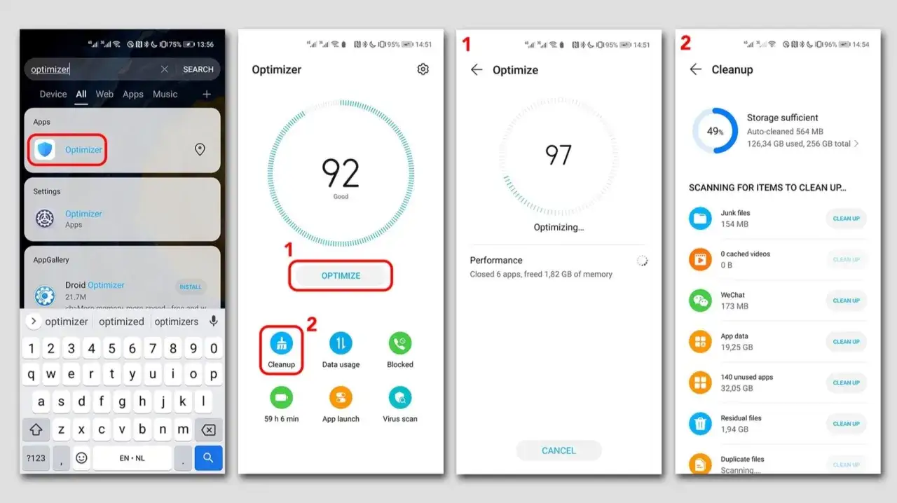 Ekran telefonu pokazuje proces automatycznego czyszczenia telefonu. Aplikacja Optimizer skanuje i usuwa niepotrzebne pliki, zwalniając miejsce.