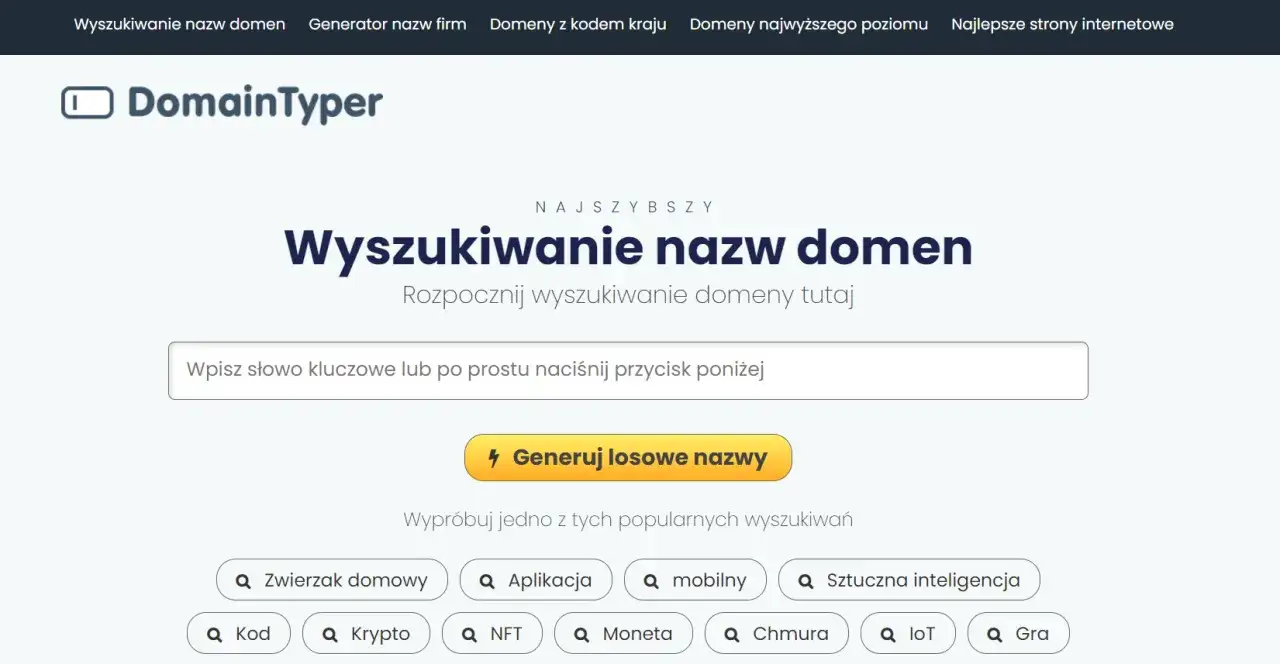 Szybkie wyszukiwanie nazw domen. Sprawdź, czy Twoja wymarzona domena czy wolna, wpisując słowo kluczowe lub klikając przycisk generowania.