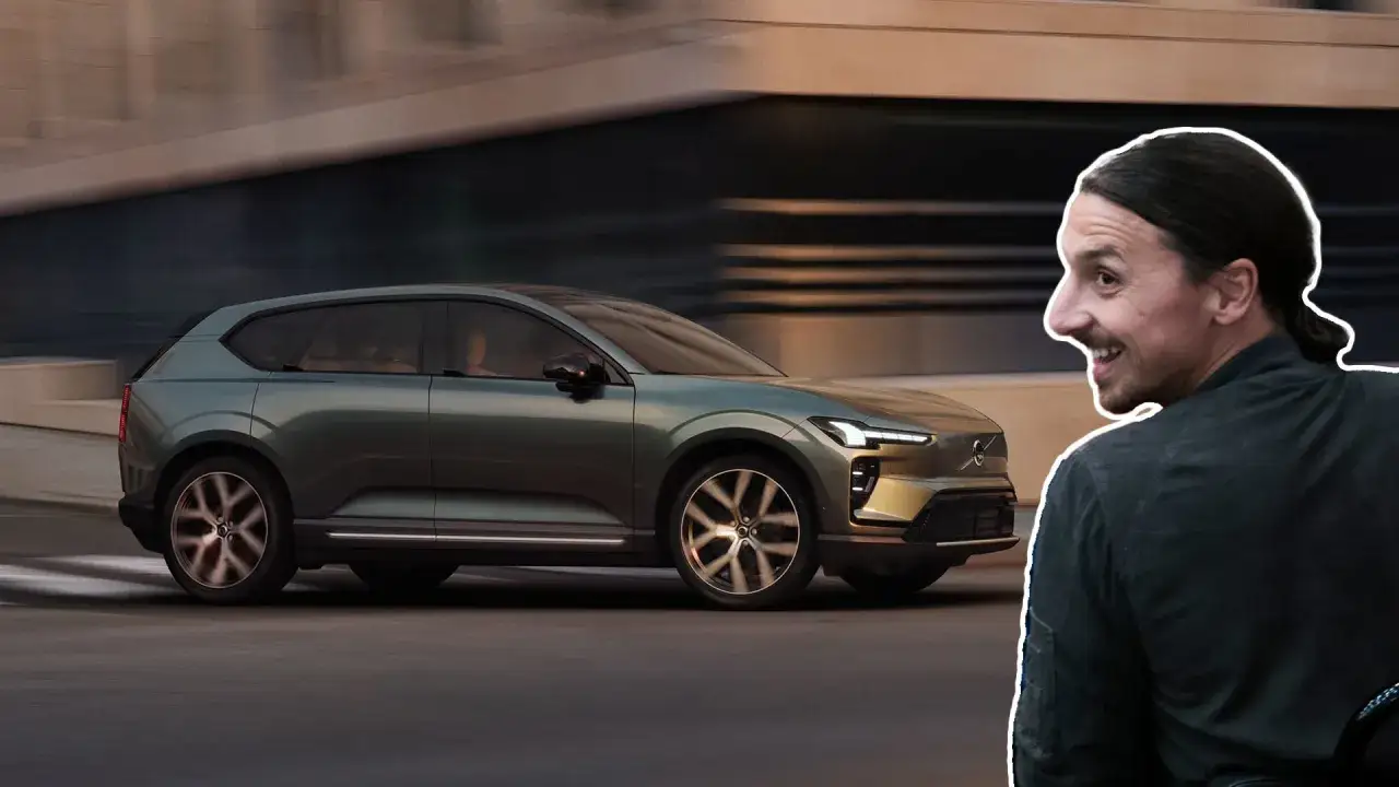 Zlatan Ibrahimović ler mot en ny Volvo i denna volvo reklam. Bilen är grön och kör på en väg.