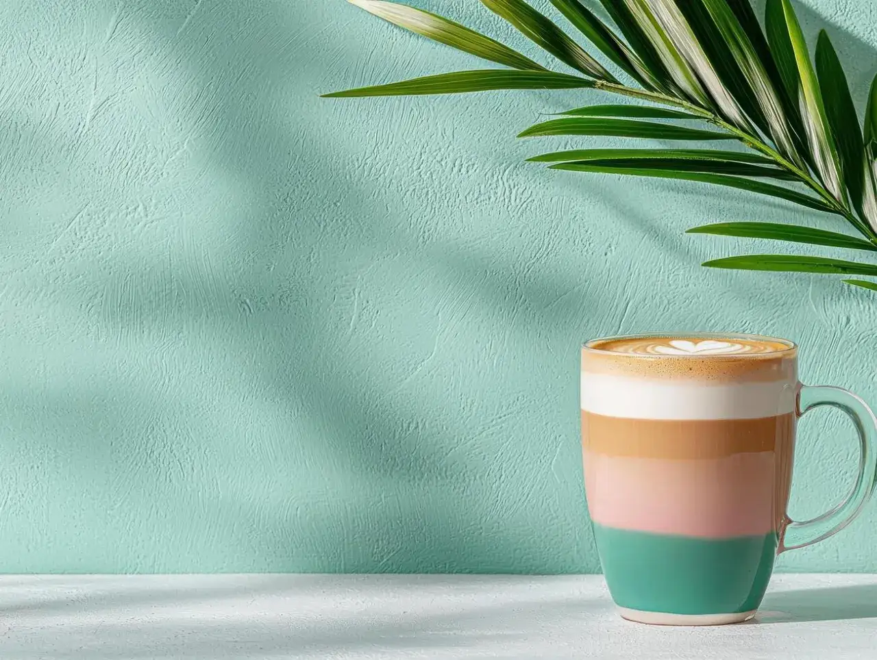Kolorowy kubek z latte macchiato, idealne proporcje kawy, mleka i pianki. Liść palmy rzuca cień.