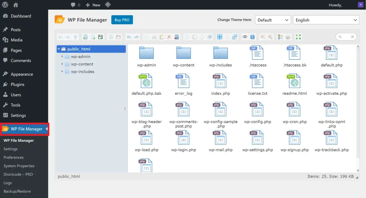 Gestione file WordPress: esplora la struttura di cartelle come `public_html` e file `.php`, utile per capire cos'&egrave; un servizio FTP.