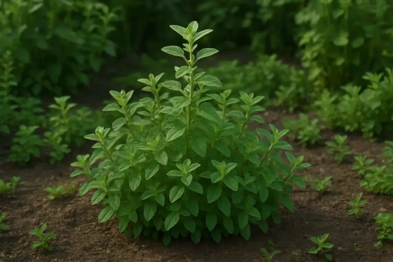 Un plant d'origan prospère dans un champ, témoignant d'une culture réussie. Ses feuilles vertes vibrantes poussent dans un sol brun.