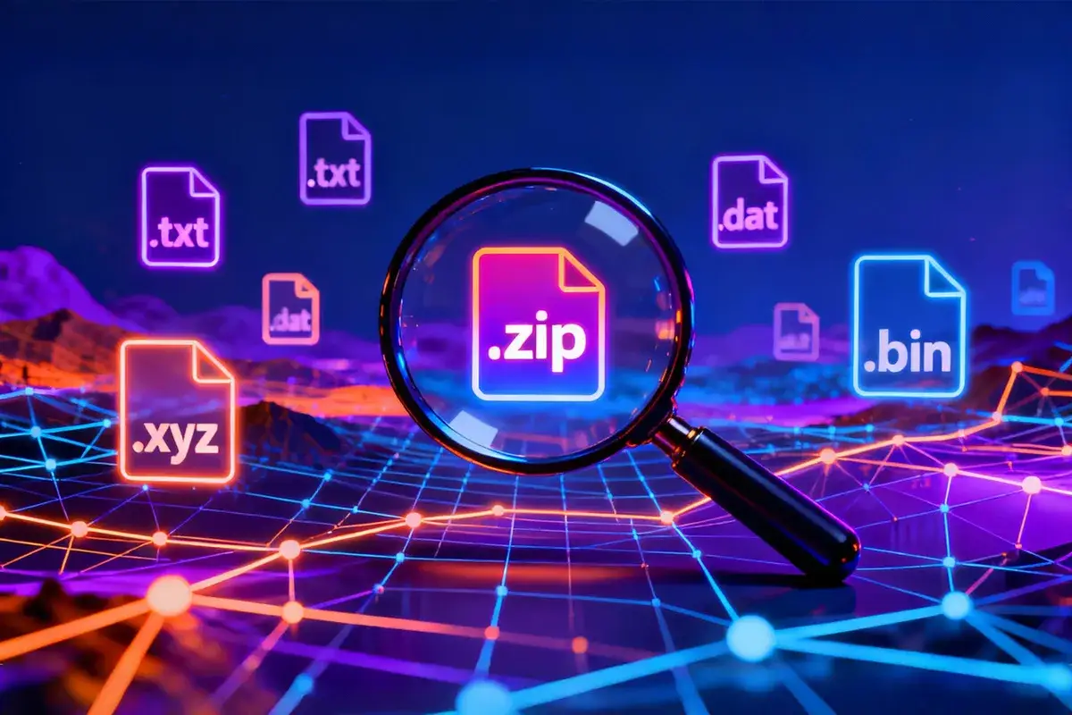 Lupa powiększa ikonę pliku .zip, otoczoną innymi rozszerzeniami plików, symbolizując jak zmienić rozszerzenie pliku.