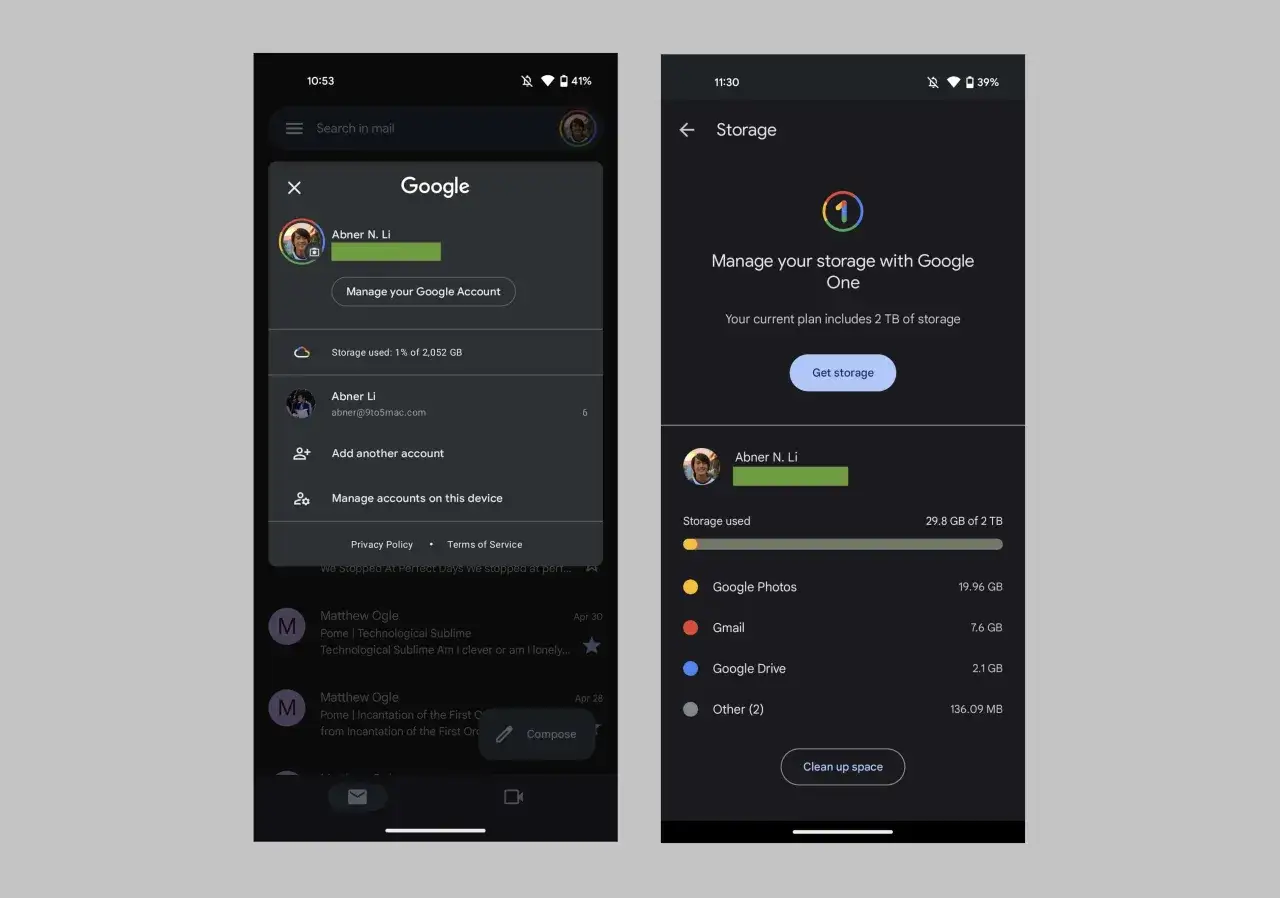 Zarządzaj przestrzenią z Google One. Widzisz swój plan 2 TB i wykorzystanie miejsca na zdjęcia, Gmail i Dysk.