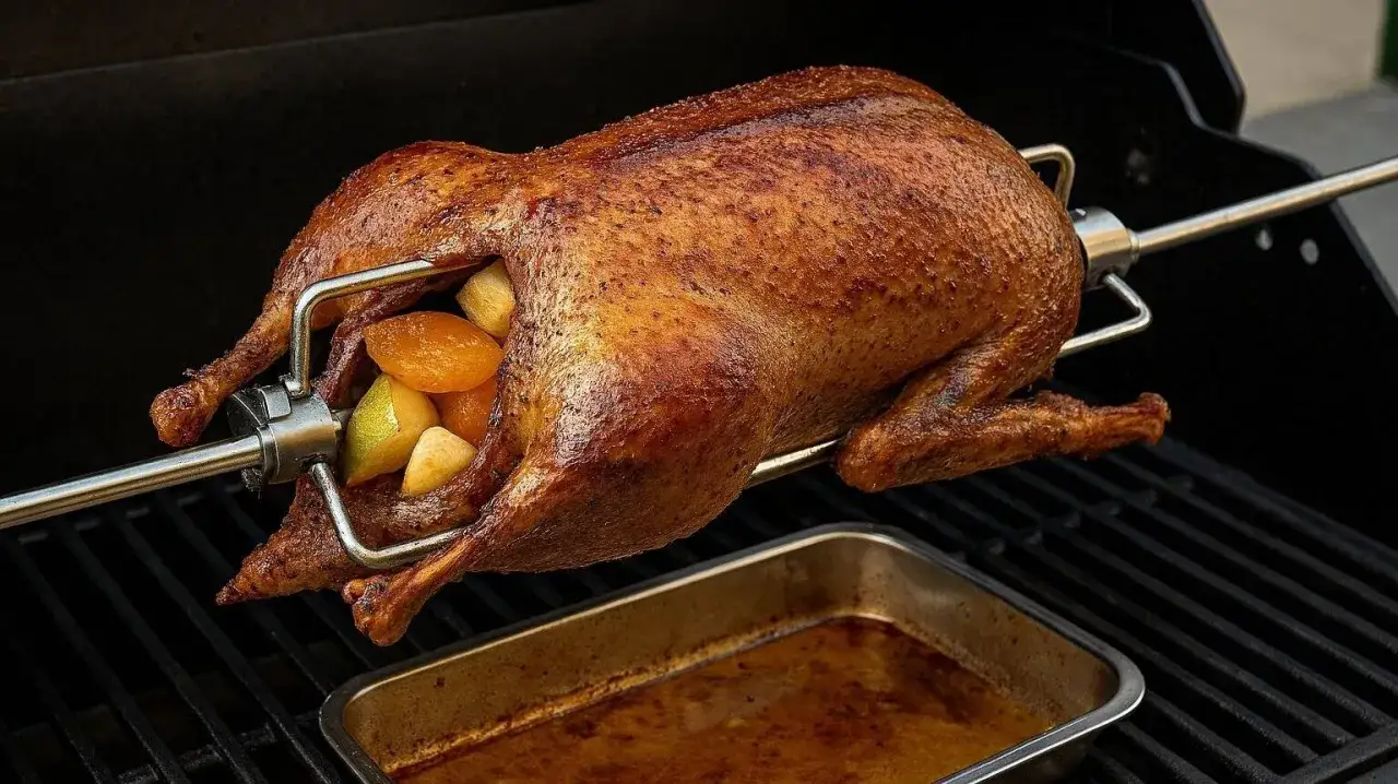 Eine goldbraune Gans dreht sich auf einem Grillspie&szlig;, gef&uuml;llt mit &Auml;pfeln und Aprikosen. Der Bratensaft sammelt sich in einer Auffangschale darunter.