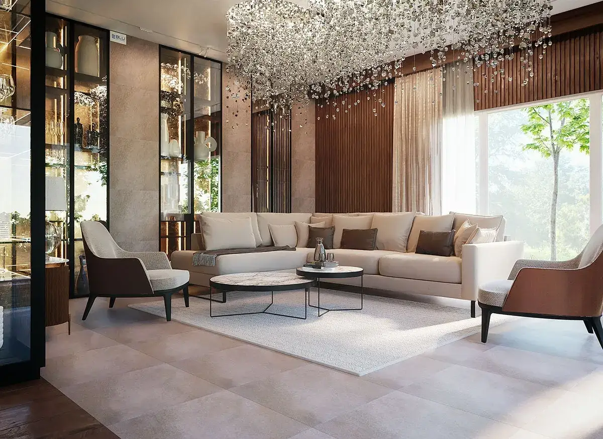 beżowy salon w stylu glamour