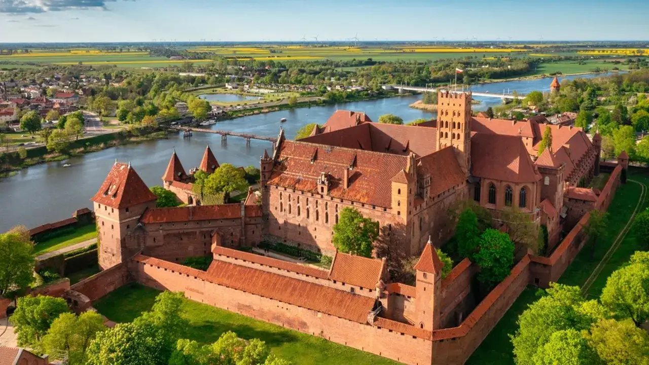 Malbork, majestatyczny zamek krzyżacki, zaprasza na zwiedzanie. Potężne mury i wieże wznoszą się nad rzeką Nogat, otoczone zielenią.