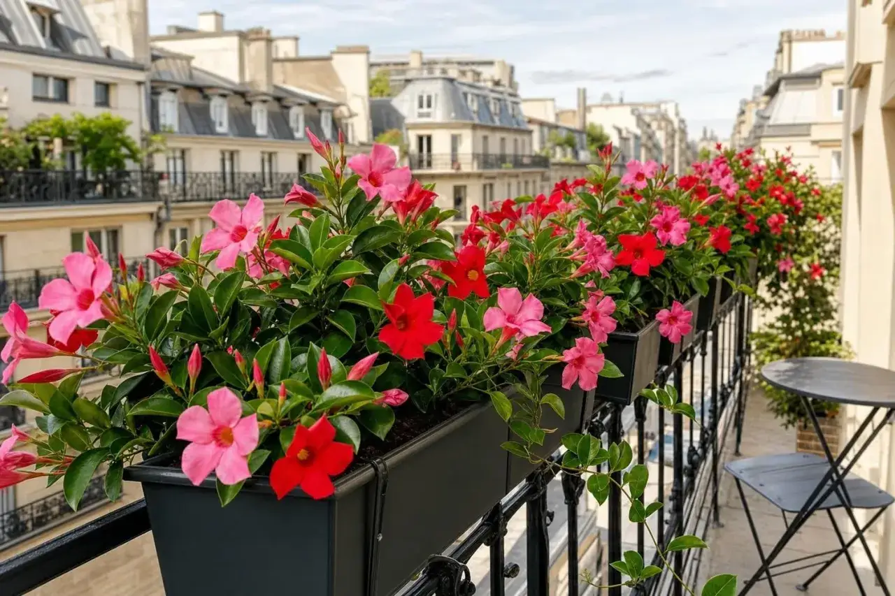 Balcon parisien fleuri de dipladénias roses et rouges. L'entretien de ces fleurs assure une belle floraison estivale.